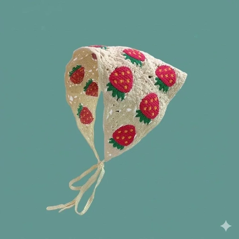 Handmade Crochet Strawberry Bandana Kerchief Headscarf Cream Cottagecore Boho